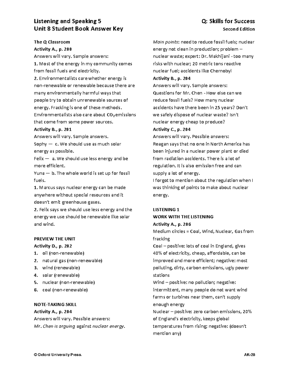 Q2e LS5 U08 Answer Key - 아잉 리스닝 답지 - Unit 8 Student