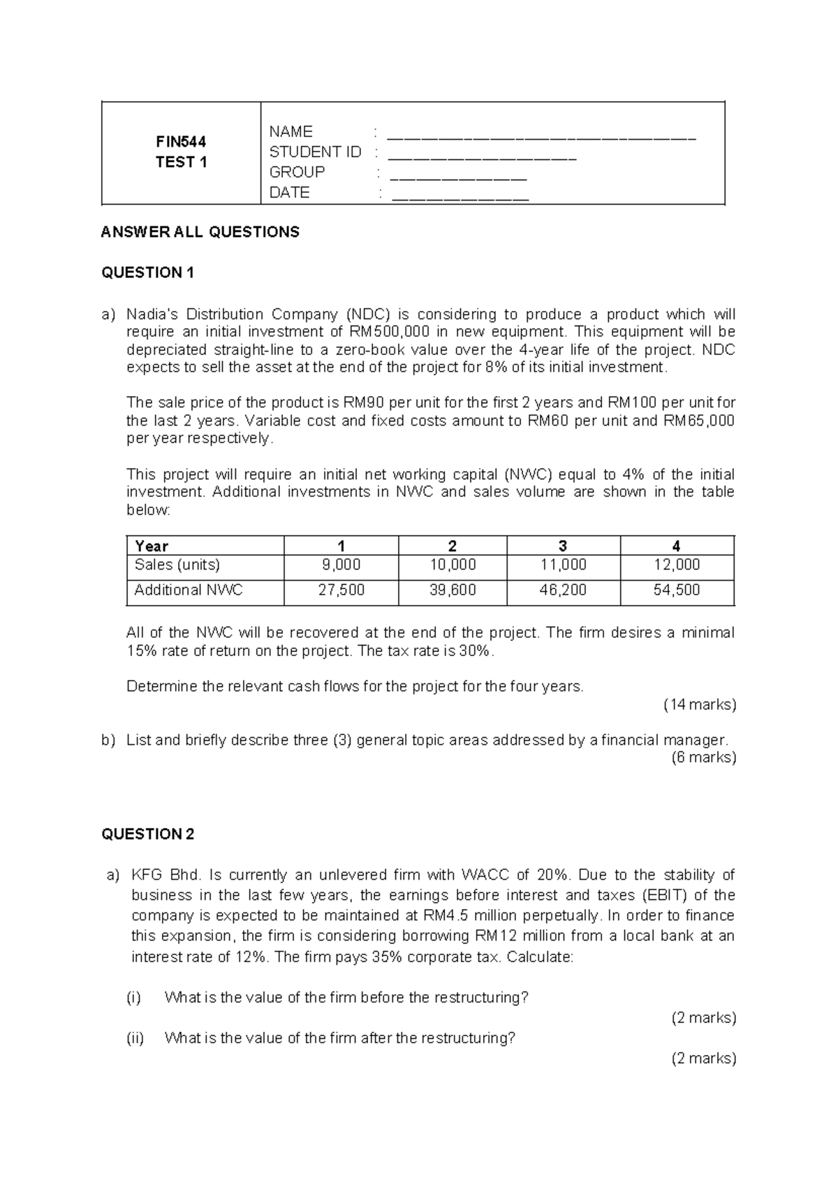 TEST 1 Financial Analysis of Chapter 15 - DEC2020 Exam - Studocu