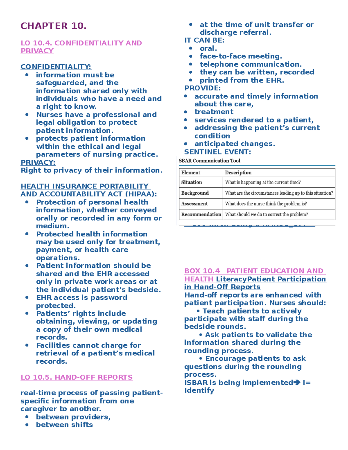 Chapter 10 - Confidentiality, Privacy & Hand-off Reports Notes - Studocu