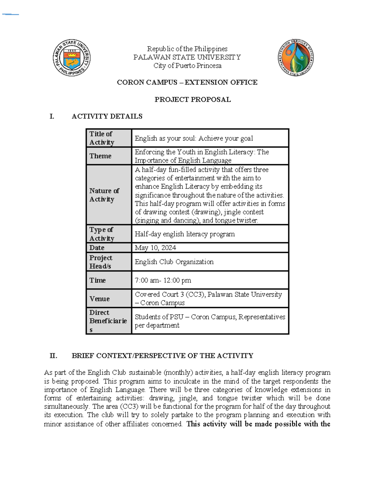 Proposal for Half-Day English Literacy Program (ENG 101) - Studocu