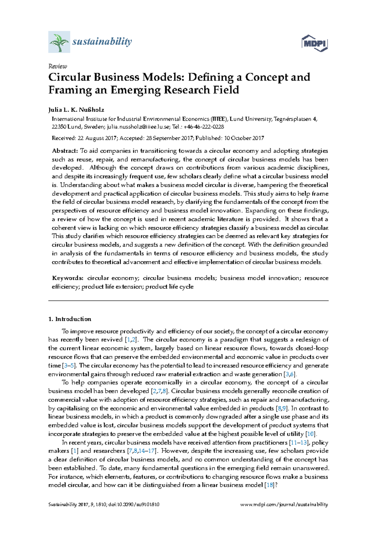 Circular Business Models Defining a Concept and Fr - sustainability ...