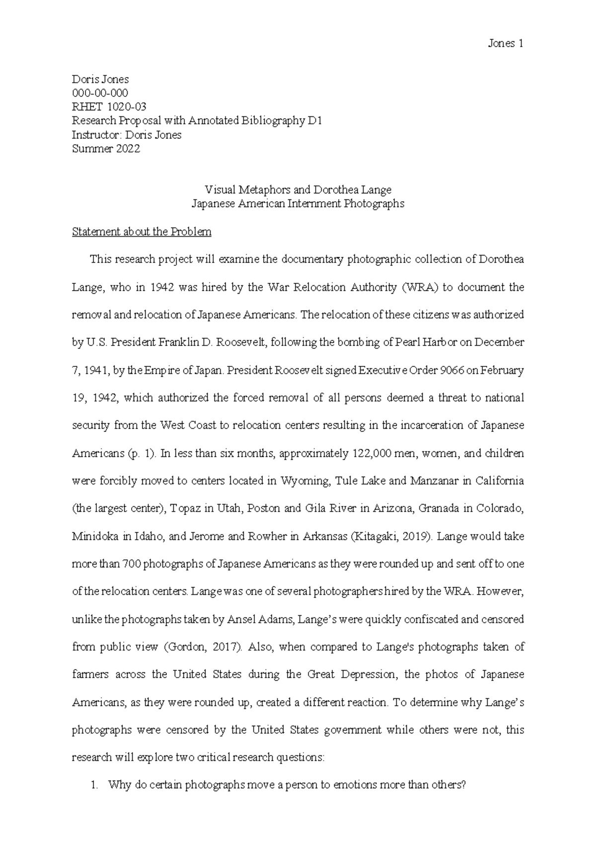 Jones Research Proposal with Annotated Bibliography Sample - Doris ...