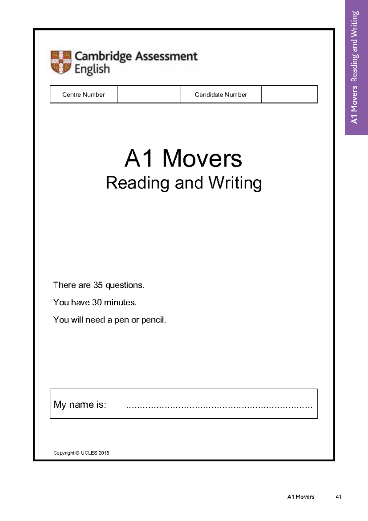 A1 Movers Reading and Writing Practice Test - Studocu
