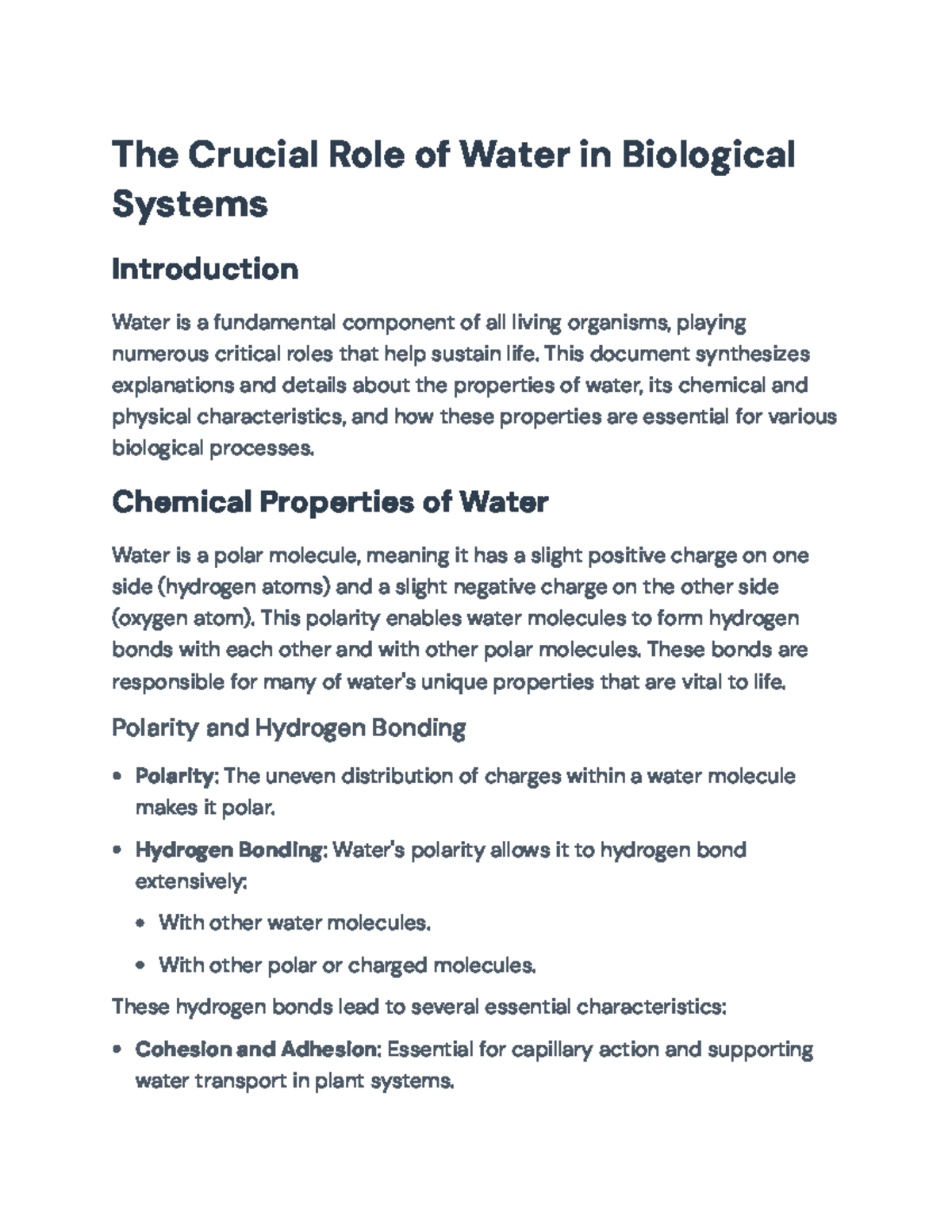 The Role of Water in Biological Systems: Properties and Importance ...