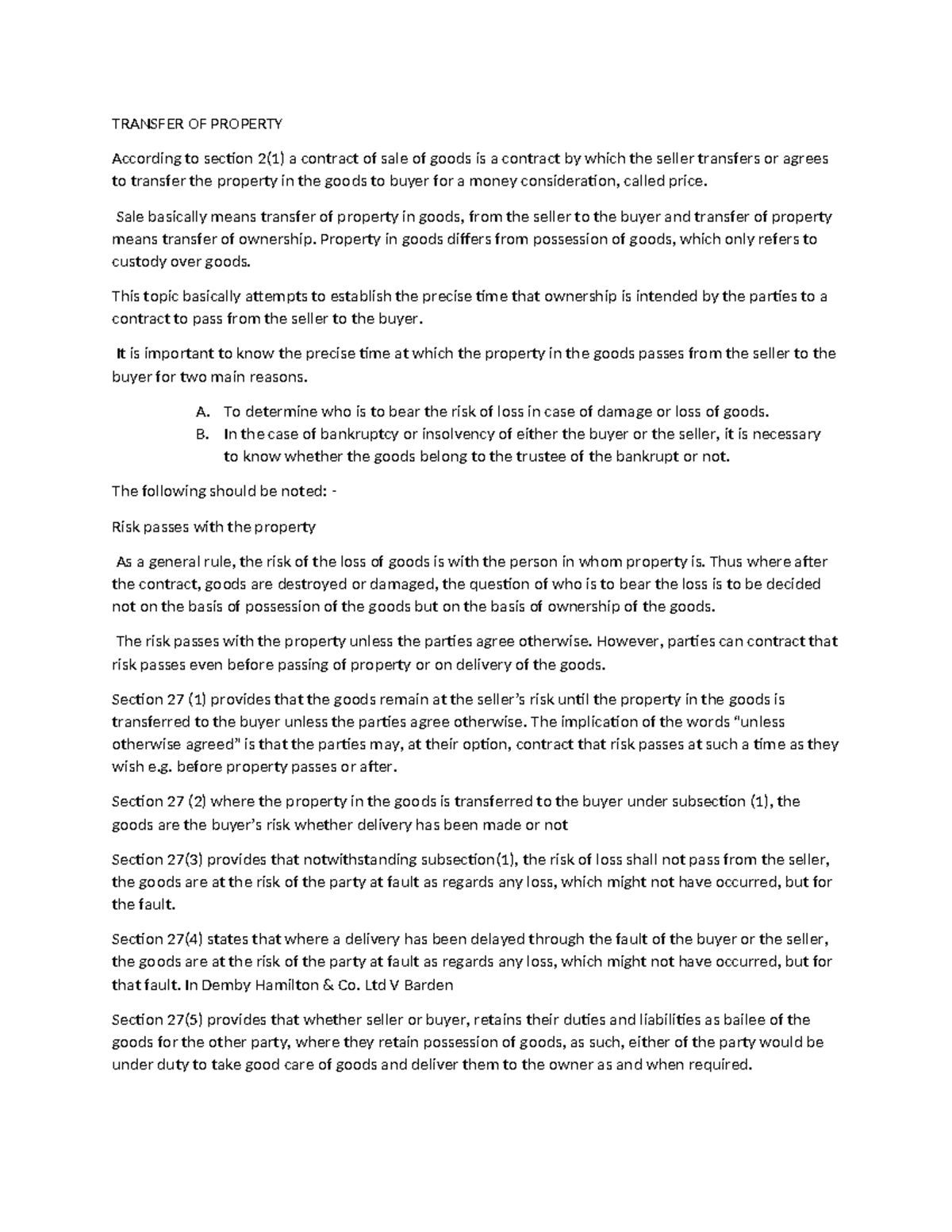 Transfer of Property: Understanding Ownership and Risk in Sales - Studocu
