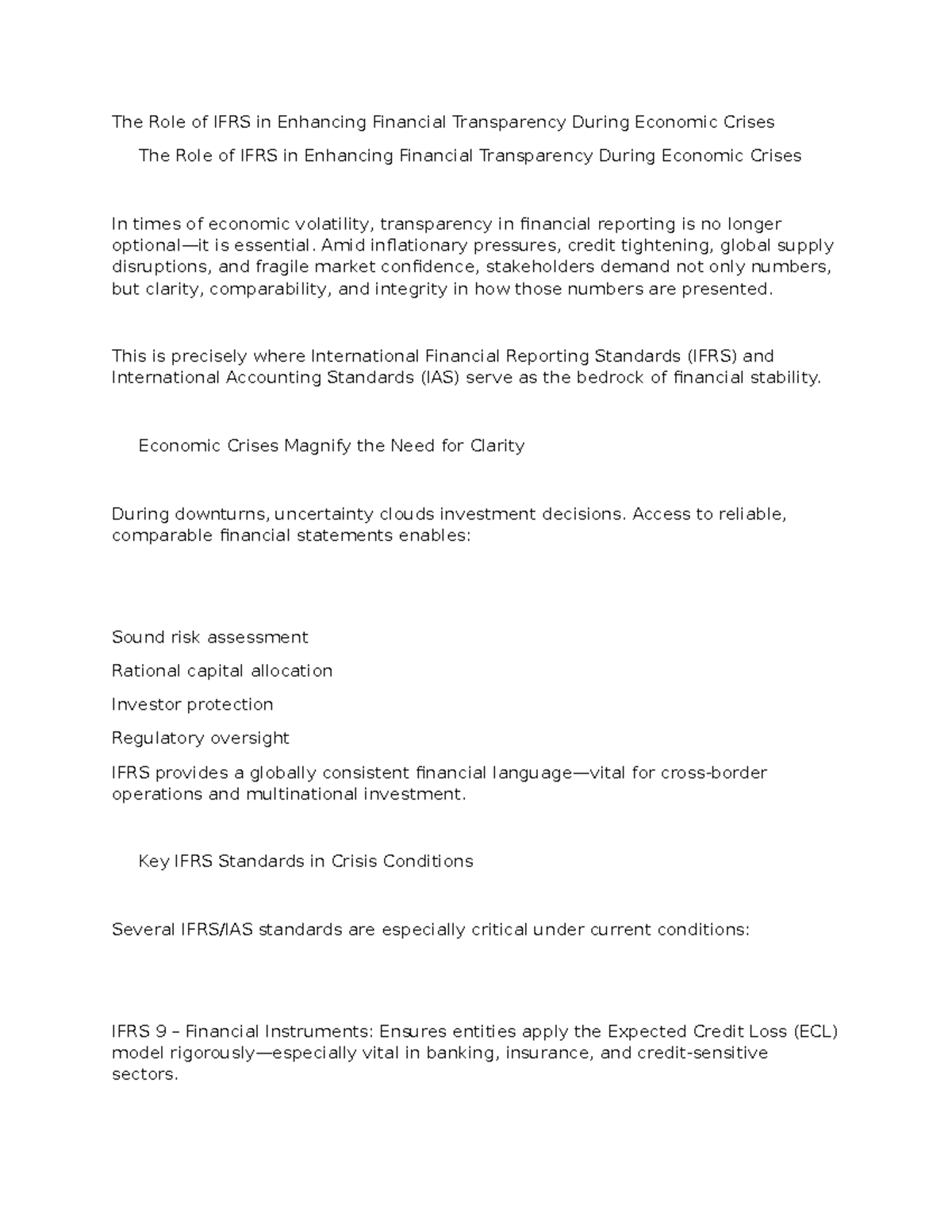 IFRS and Financial Transparency: Insights During Economic Crises - Studocu