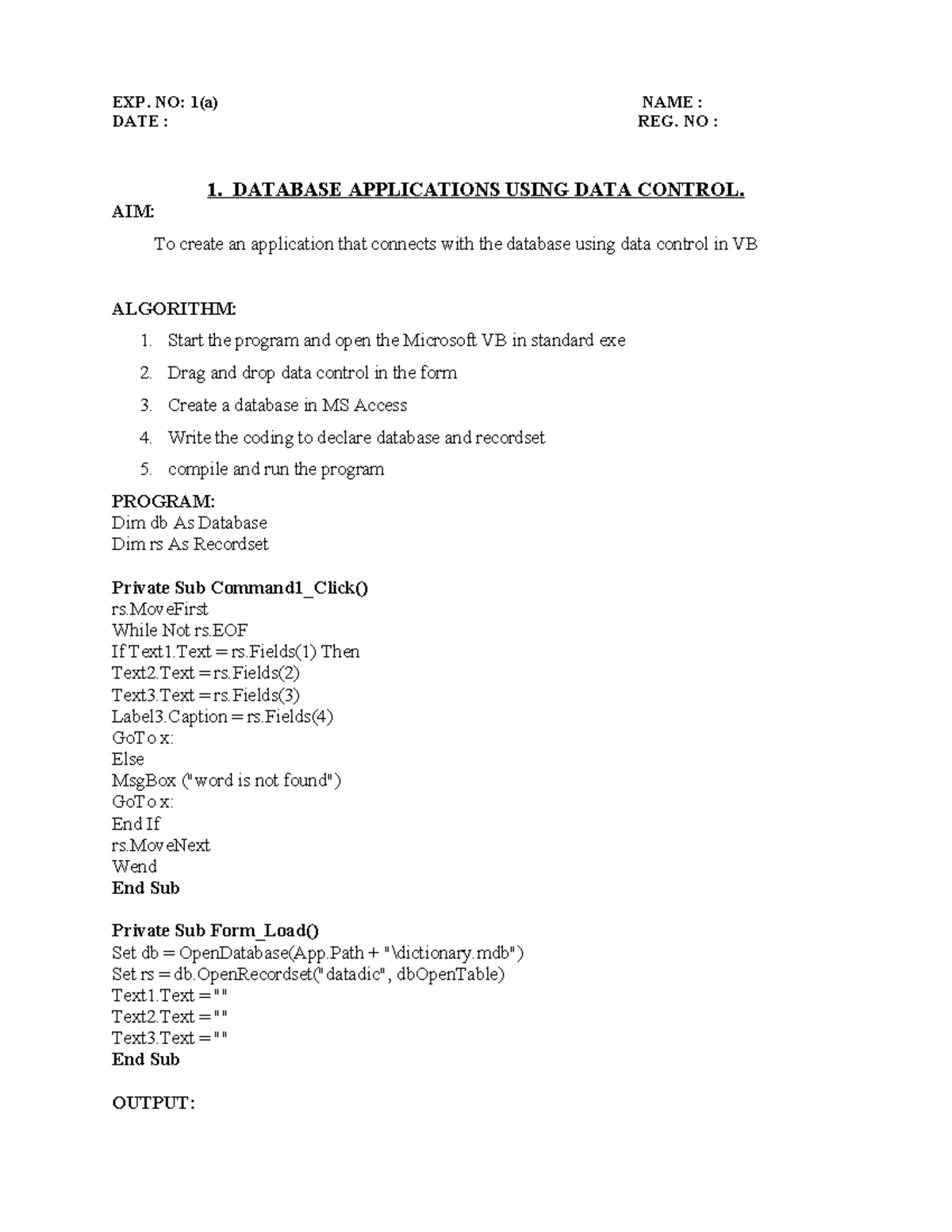 Vc lab 16-new - lab programs - EXP. NO: 1(a) NAME : DATE : REG. NO : 1 ...