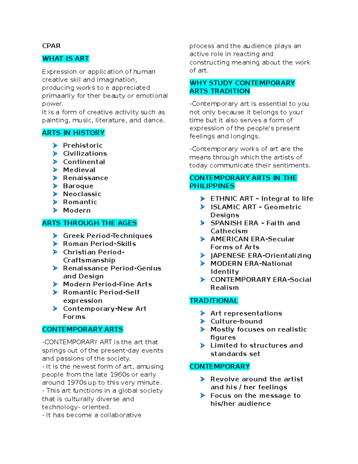 CPAR - list of NOTES for CPAR 2st quarte - CPAR WHAT IS ART Expression ...