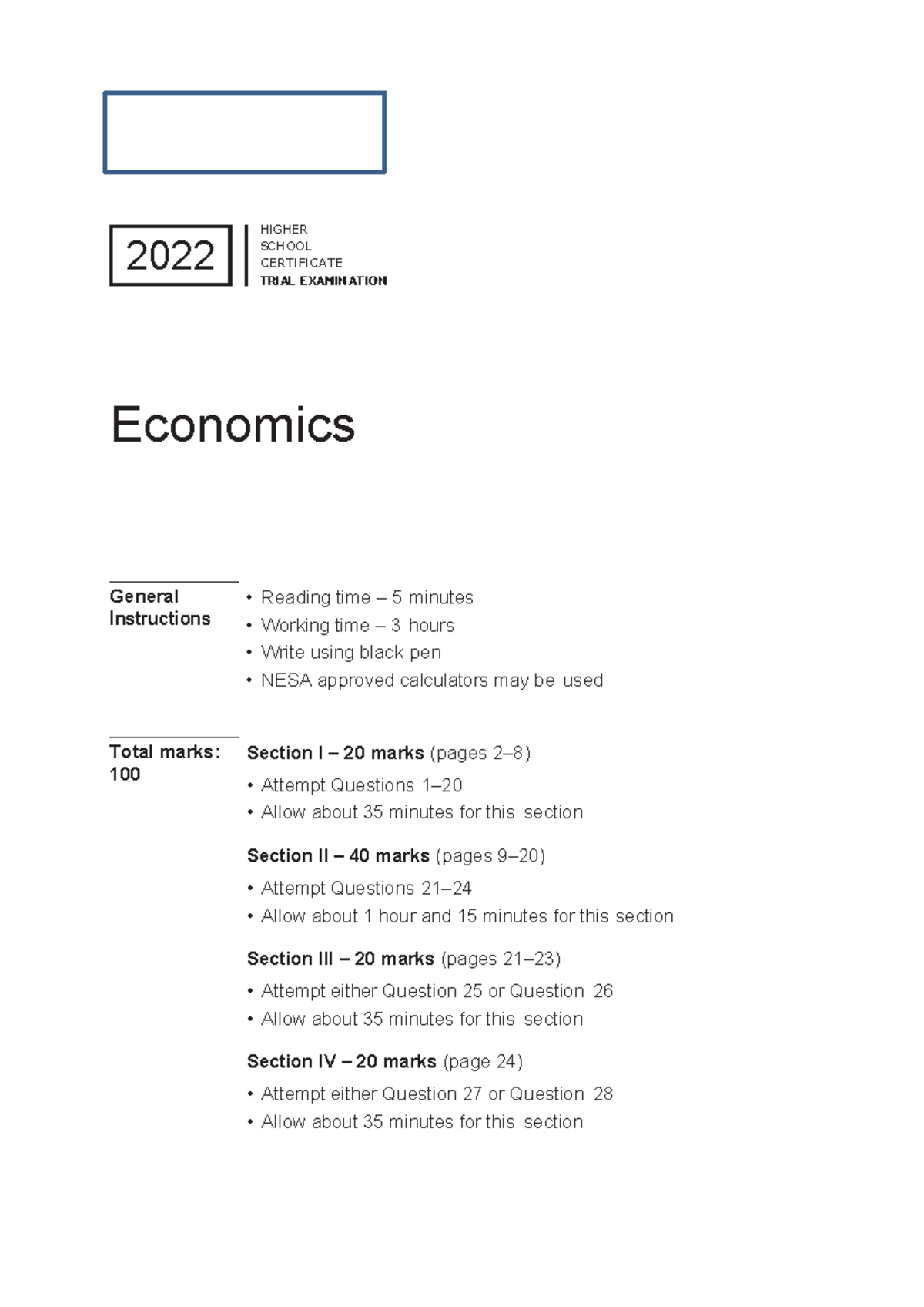 2022 HSC Economics Trial Exam - General Instructions & Questions - Studocu