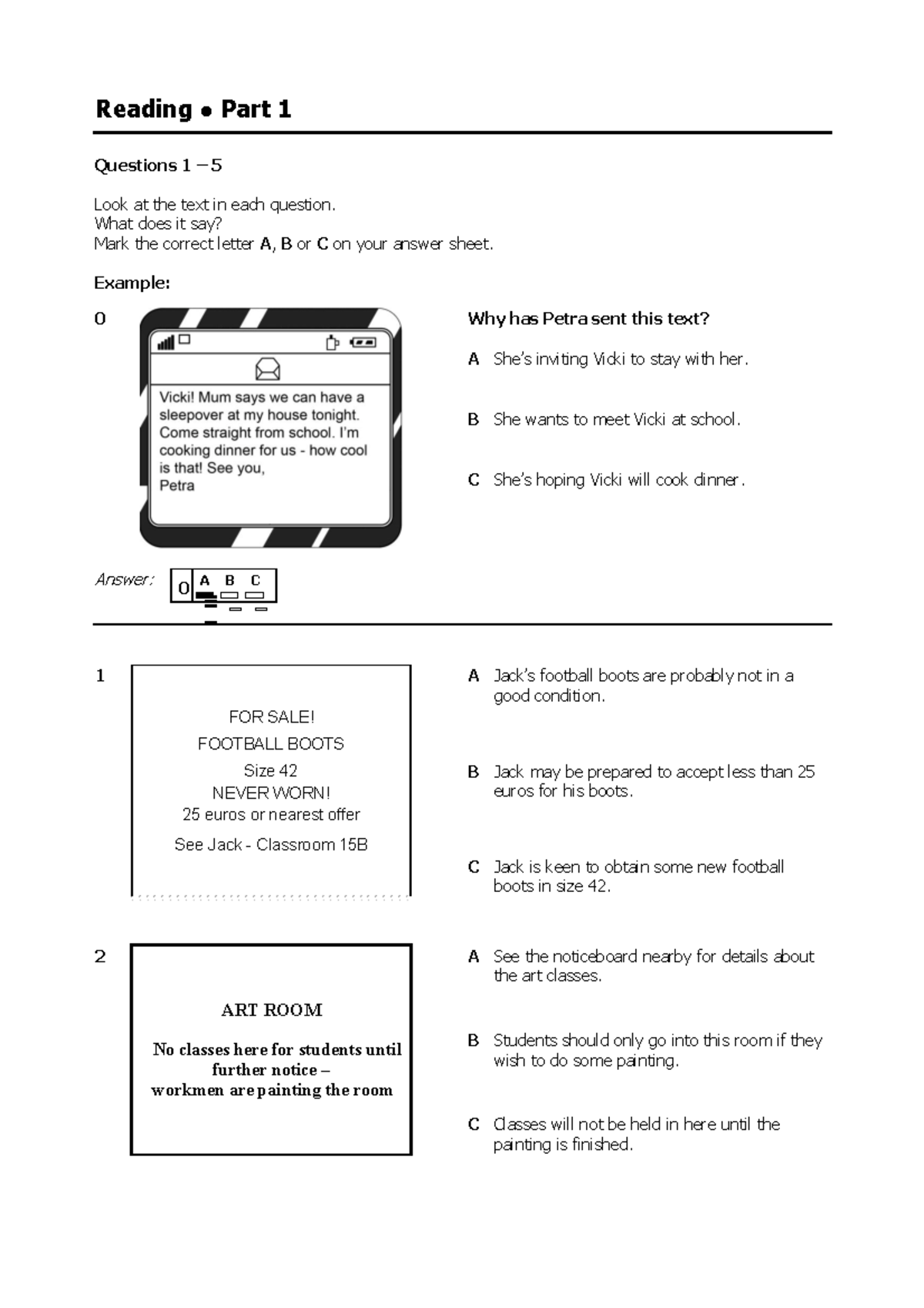 R + W B1 TEST - moi - Reading Part 1 Questions 1 – 5 Look at the text ...