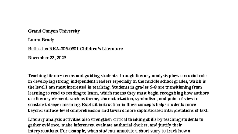 GCU Reflection on Teaching Literary Terms & Analysis - Studocu
