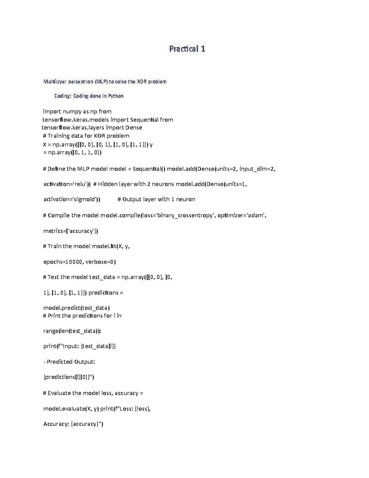 Practical 1: MLP Implementation for XOR Problem in Python - Studocu