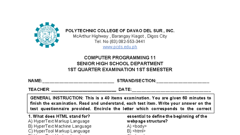 COMPUTER PROGRAMMING 11 1ST QUARTER EXAMINATION NOTES - Studocu