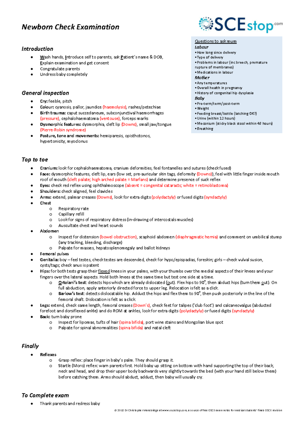 Newborn Examination Checklist and Questions for Parents (2023) - Studocu