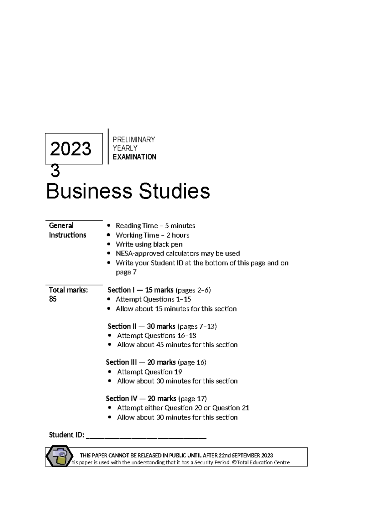2023 Business Studies Preliminary Yearly Exam Guide - Studocu