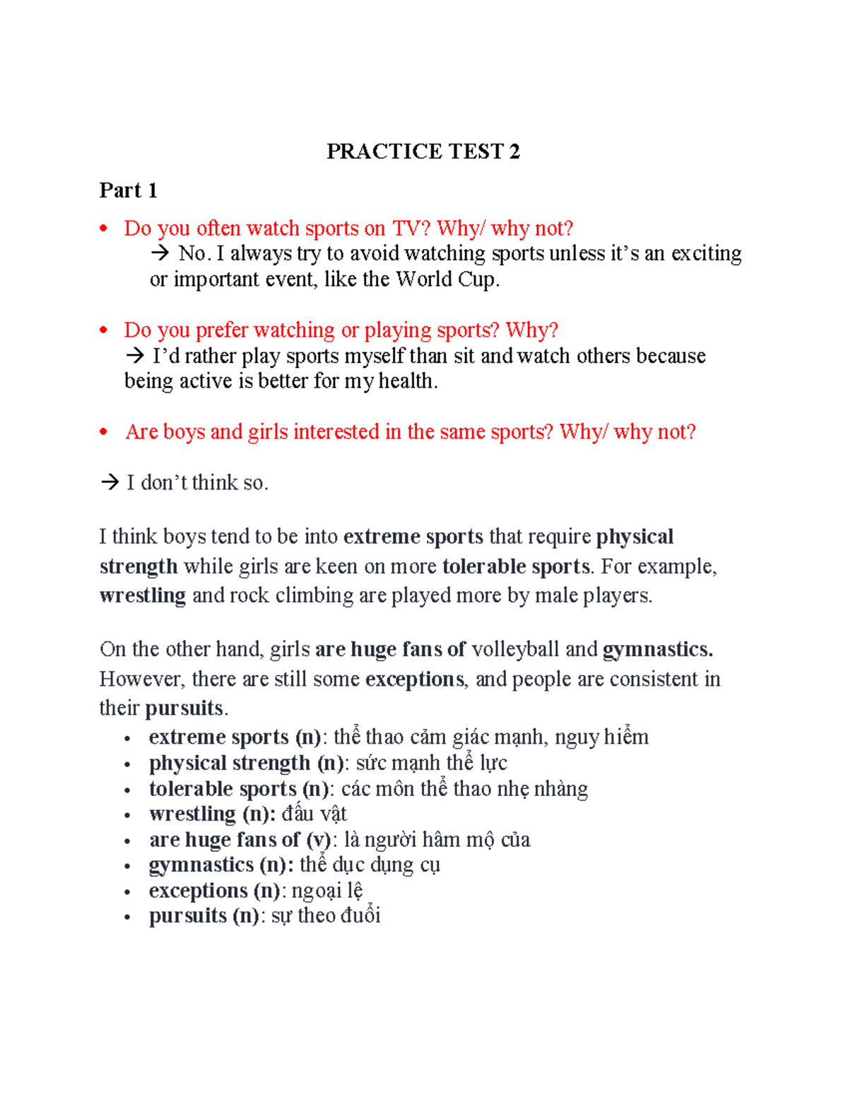 Practice Speaking TEST 2 ( Sports AND Recreation) - PRACTICE TEST 2 ...