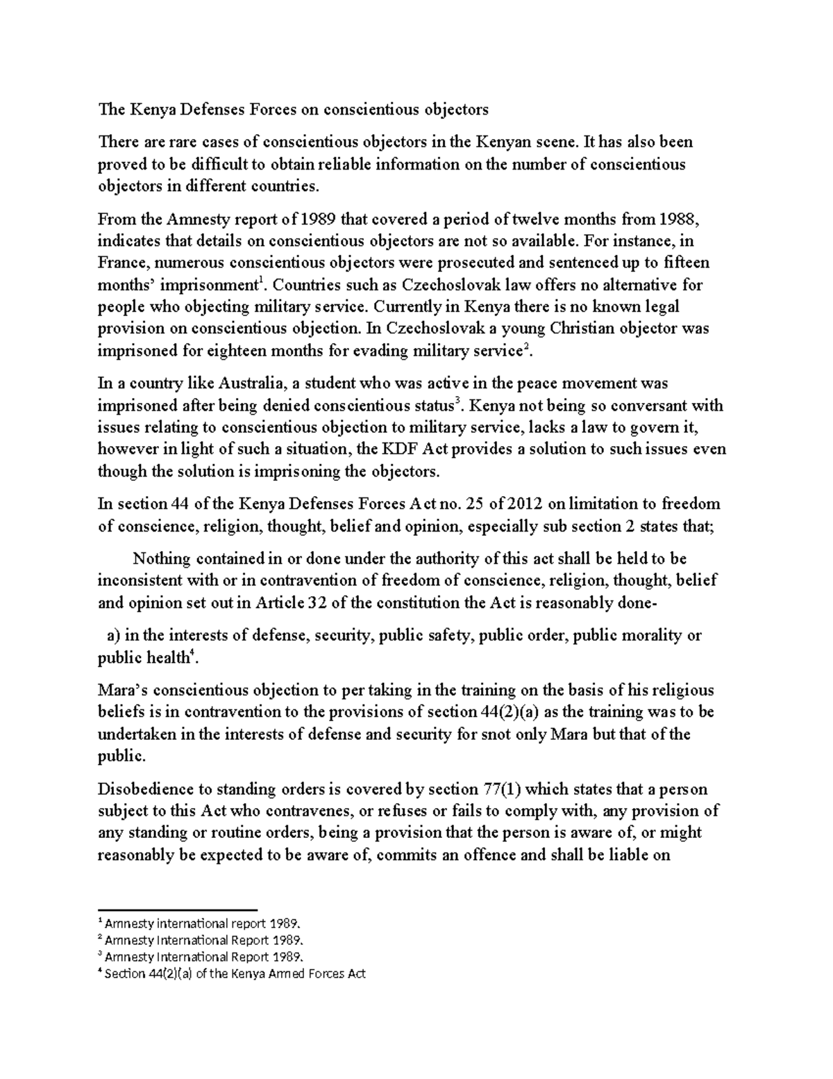 KDF 25/2012: Conscientious Objectors in Kenya's Military Context - Studocu