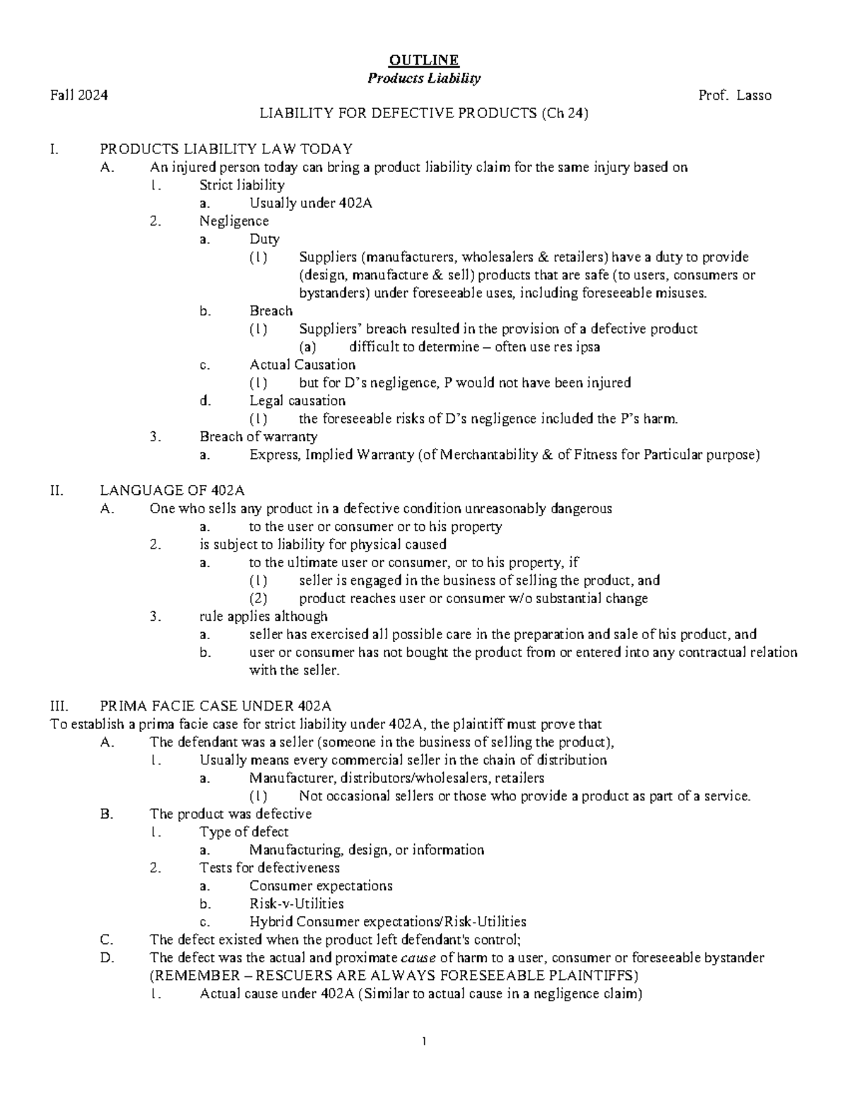 Outline Products Liabilty FALL 2024 PDF - OUTLINE Products Liability ...