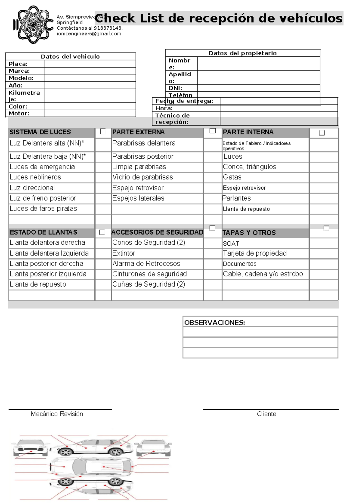 Check List de Recepción de Vehículos - Taller Automotriz - Studocu