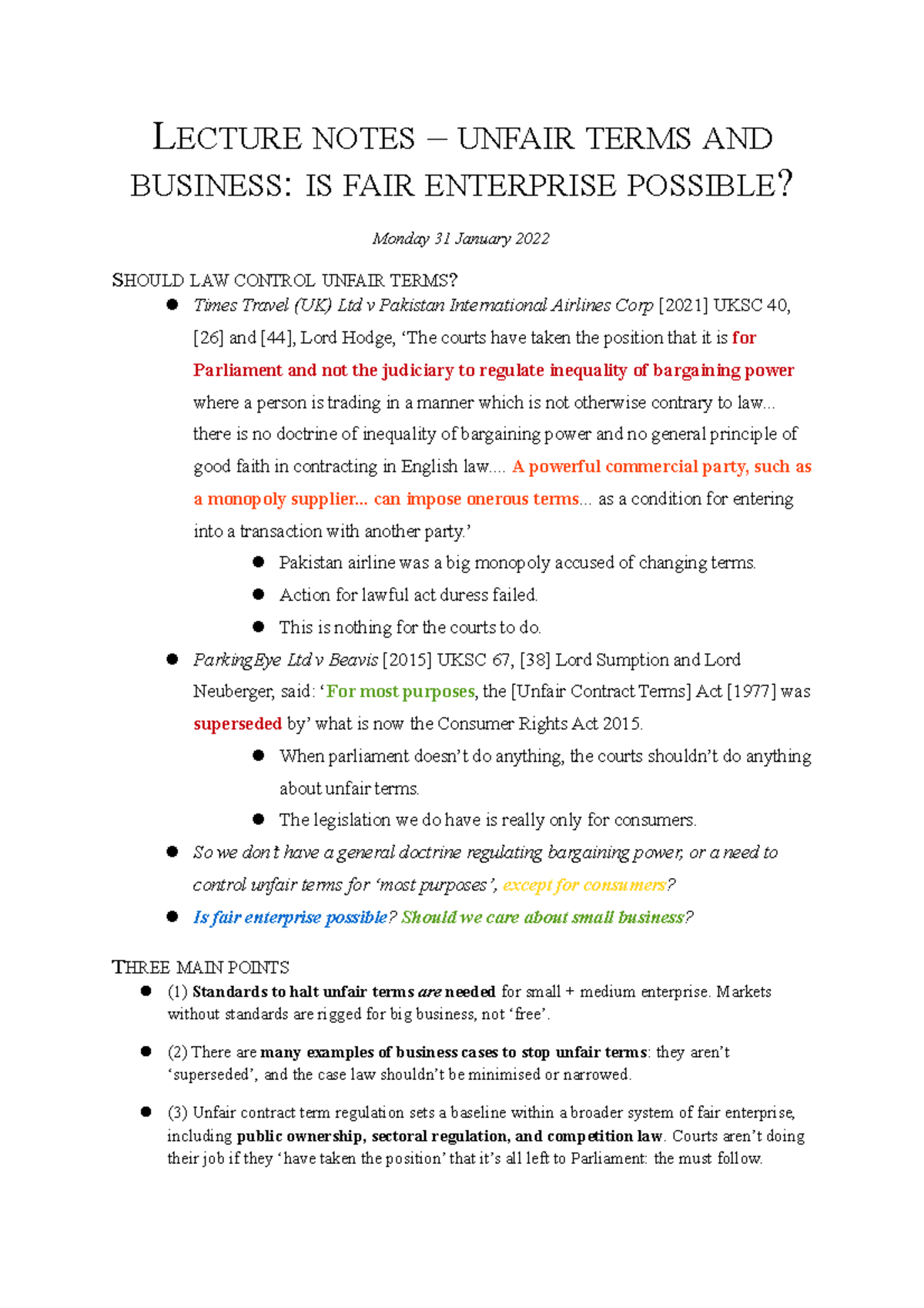 LN Lecture Notes on Unfair Terms and Fair Enterprise (2022) - Studocu