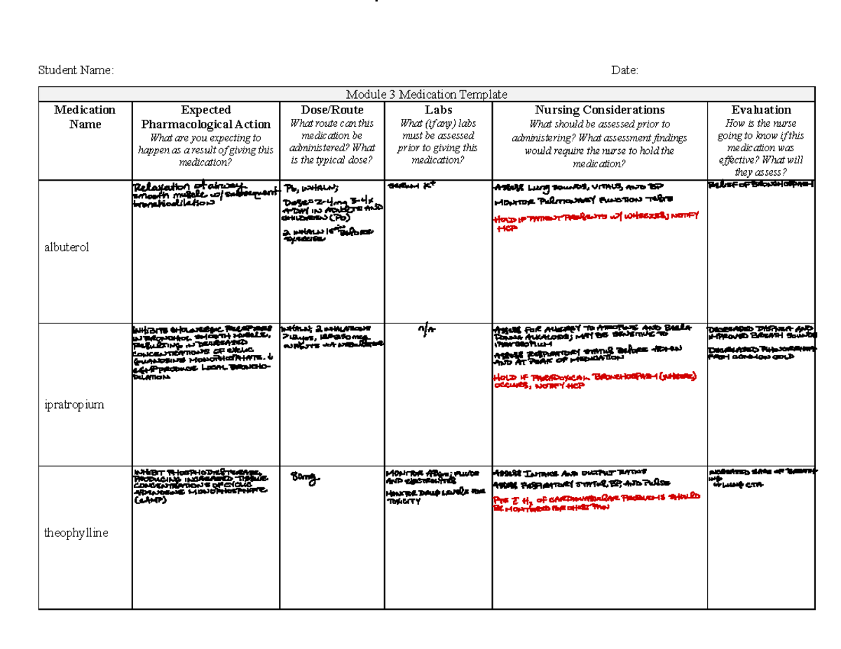 Mod 3 Med Template - Student Name: Date: Module 3 Medication Template ...