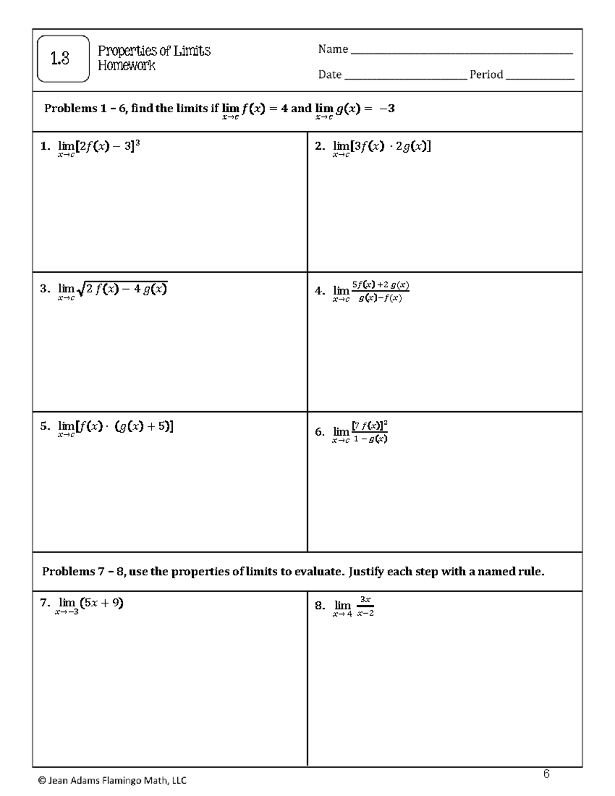 Properties of Limits - 1. Properties of Limits Homework Problems 1 – 6 ...