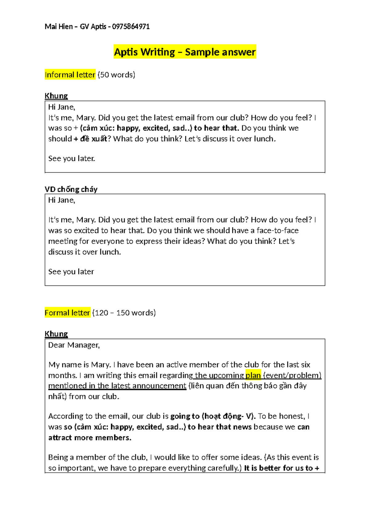 Aptis 0975864971 Writing Sample: Informal & Formal Letter Examples ...
