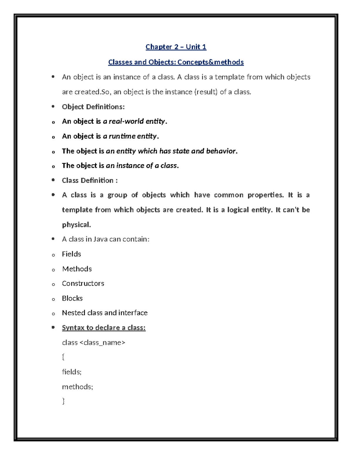 Chapter 2 - Unit 1: Understanding Classes and Objects in Java - Studocu