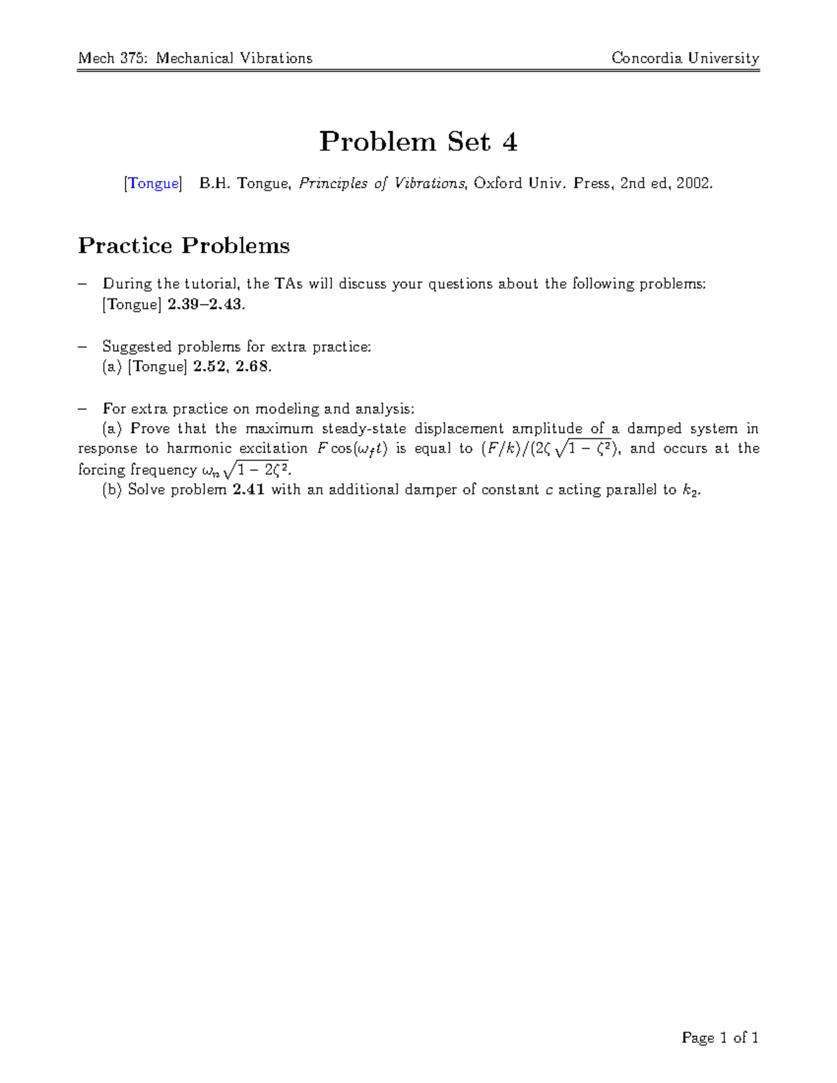 Mech 375: Mechanical Vibrations Tutorial 4 Problem Set - Studocu