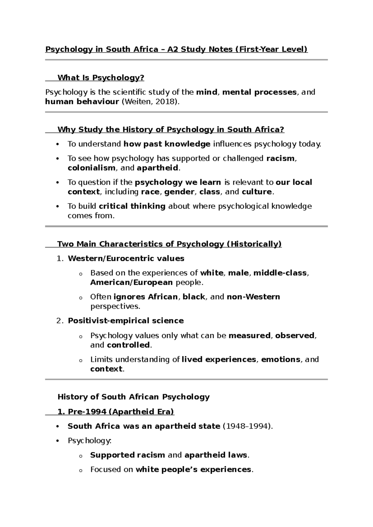 Psychology A2 Study Notes: Understanding South African Contexts - Studocu