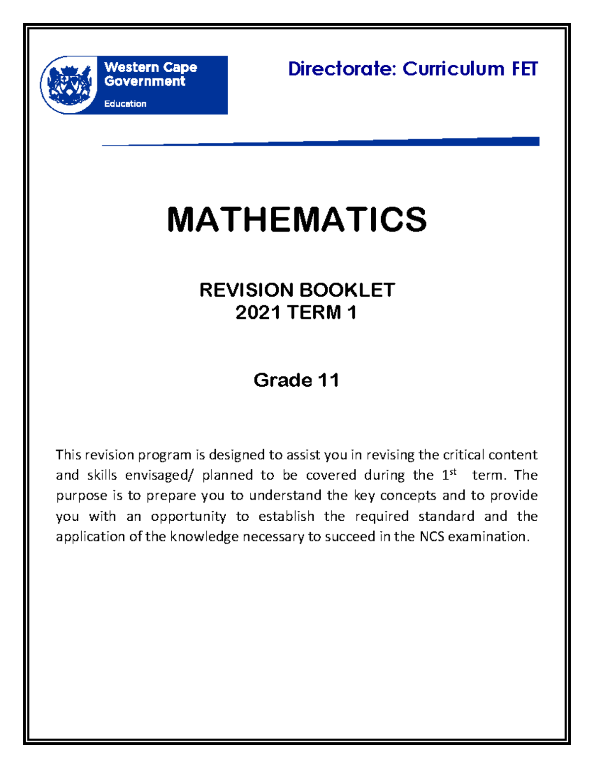 Mathematics Grade 11 Term 1 Revision Guide 2021 - Studocu