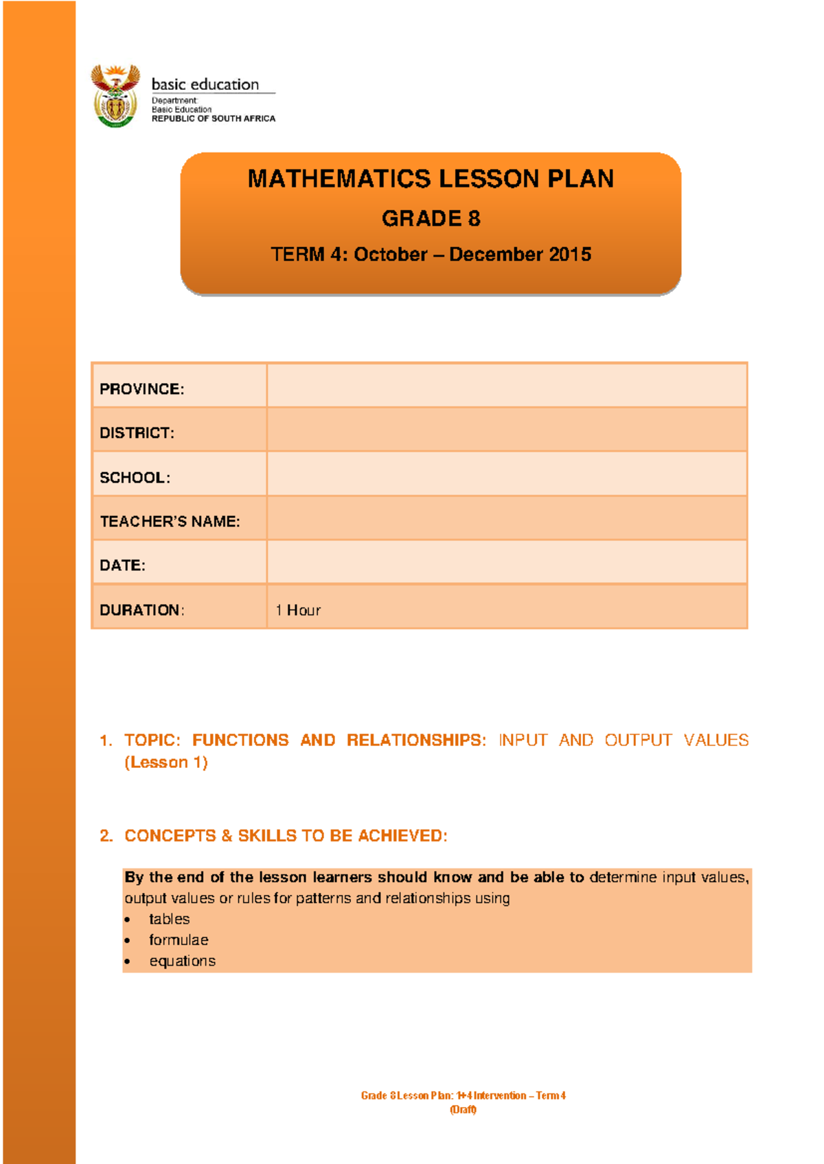 Grade 8 Mathematics Lesson Plans: Functions & Relationships Term 4 ...