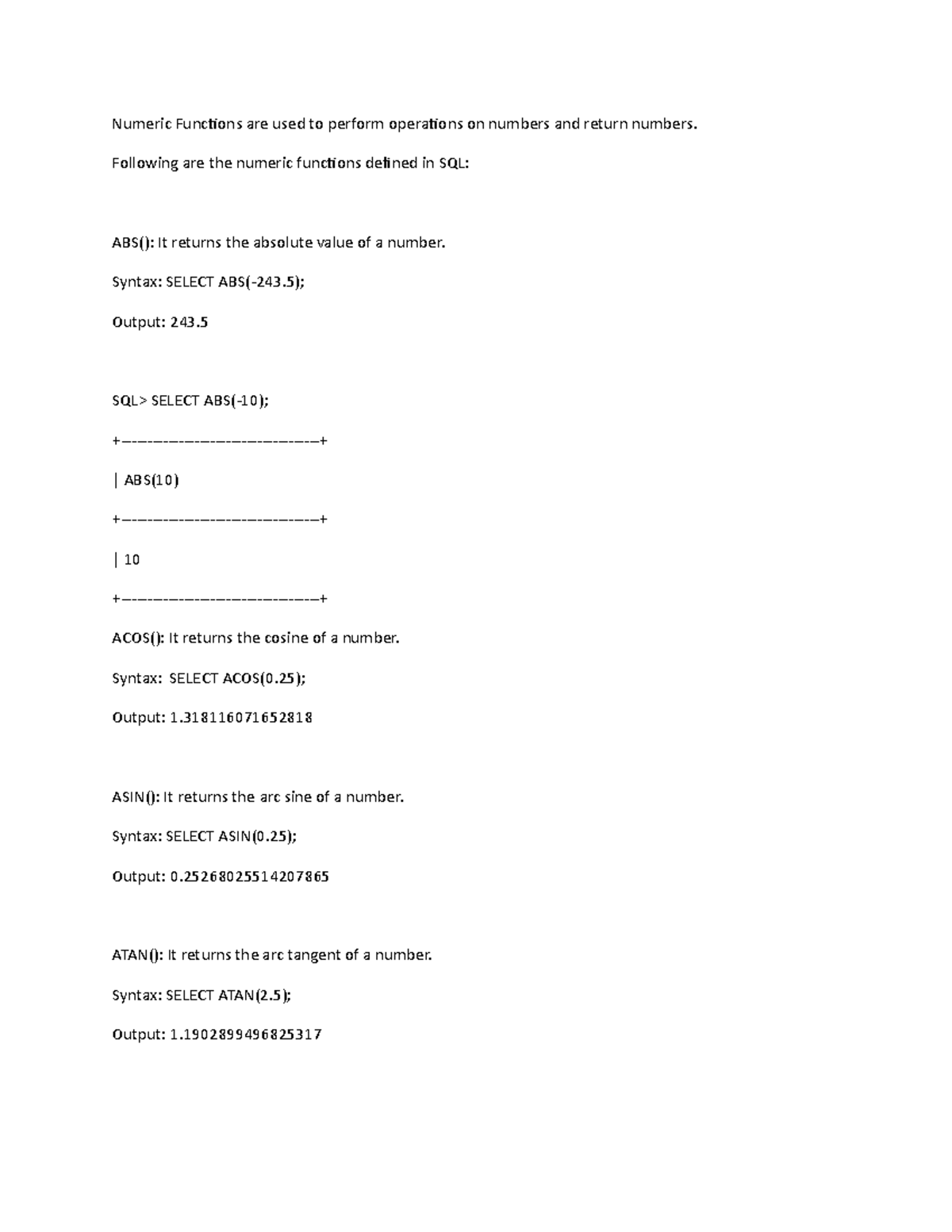 Numeric Functions - SQL - Numeric Functions - SQL - Numeric Functions ...