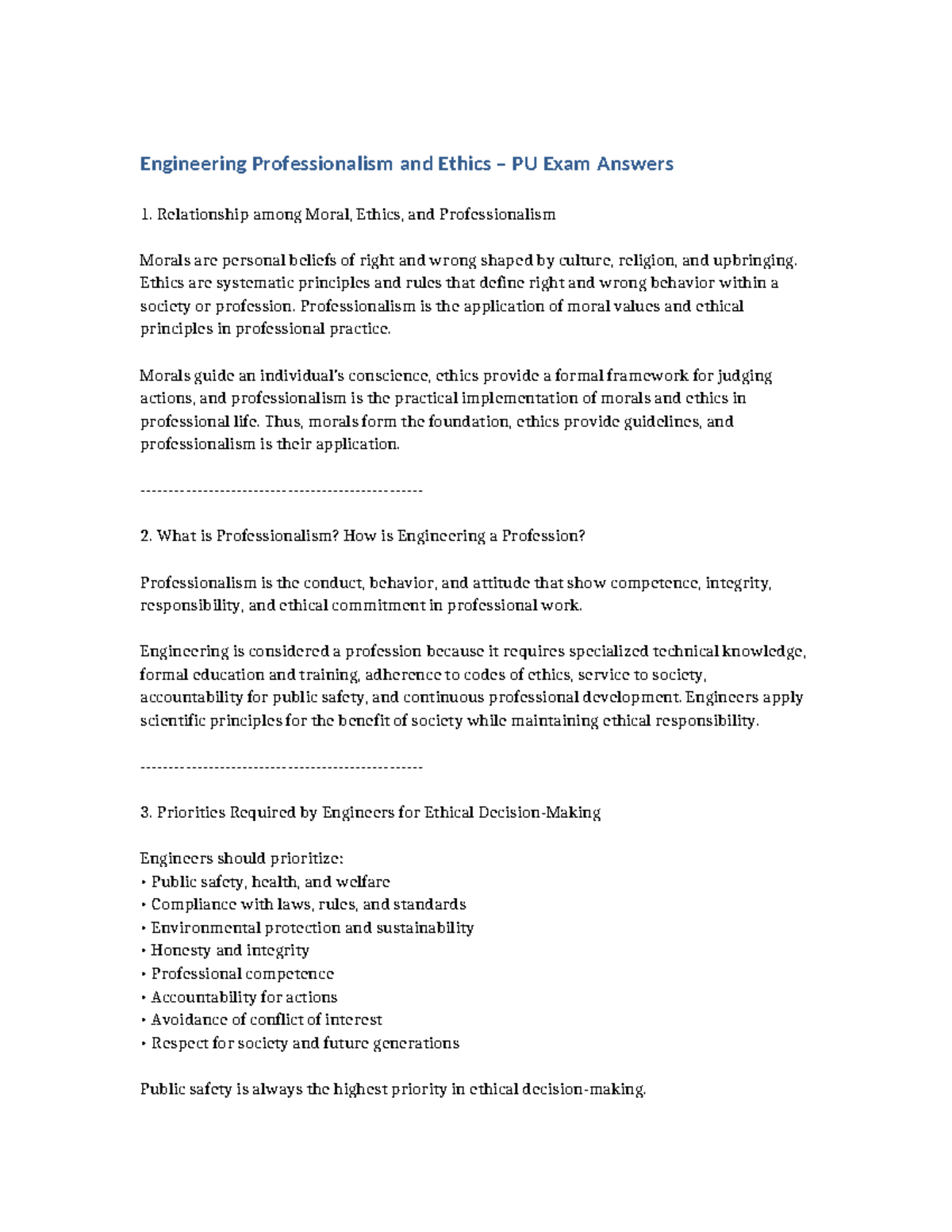 Engineering Professionalism and Ethics PU Exam Answers - Studocu