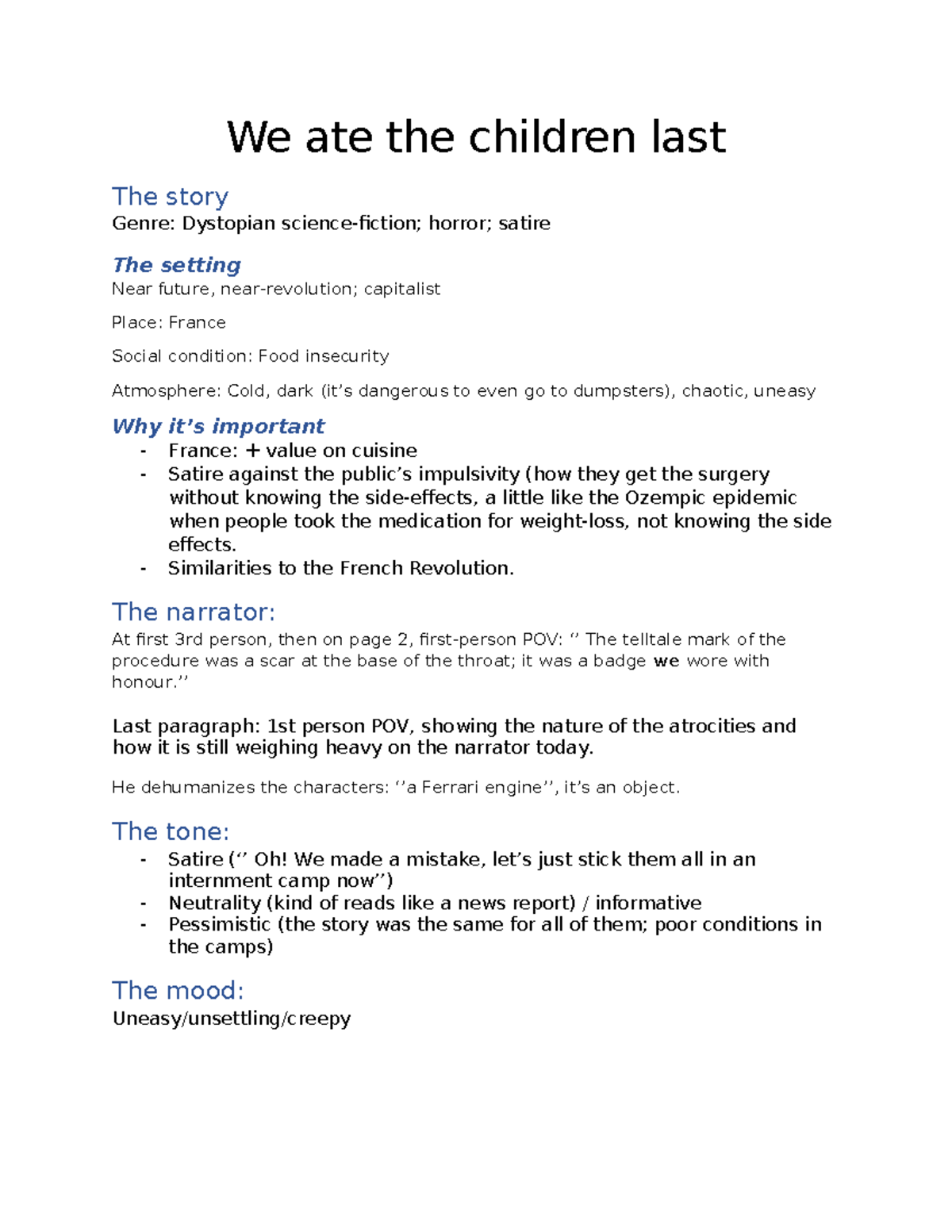 Dystopian Satire Analysis: We Ate the Children Last Notes - Studocu