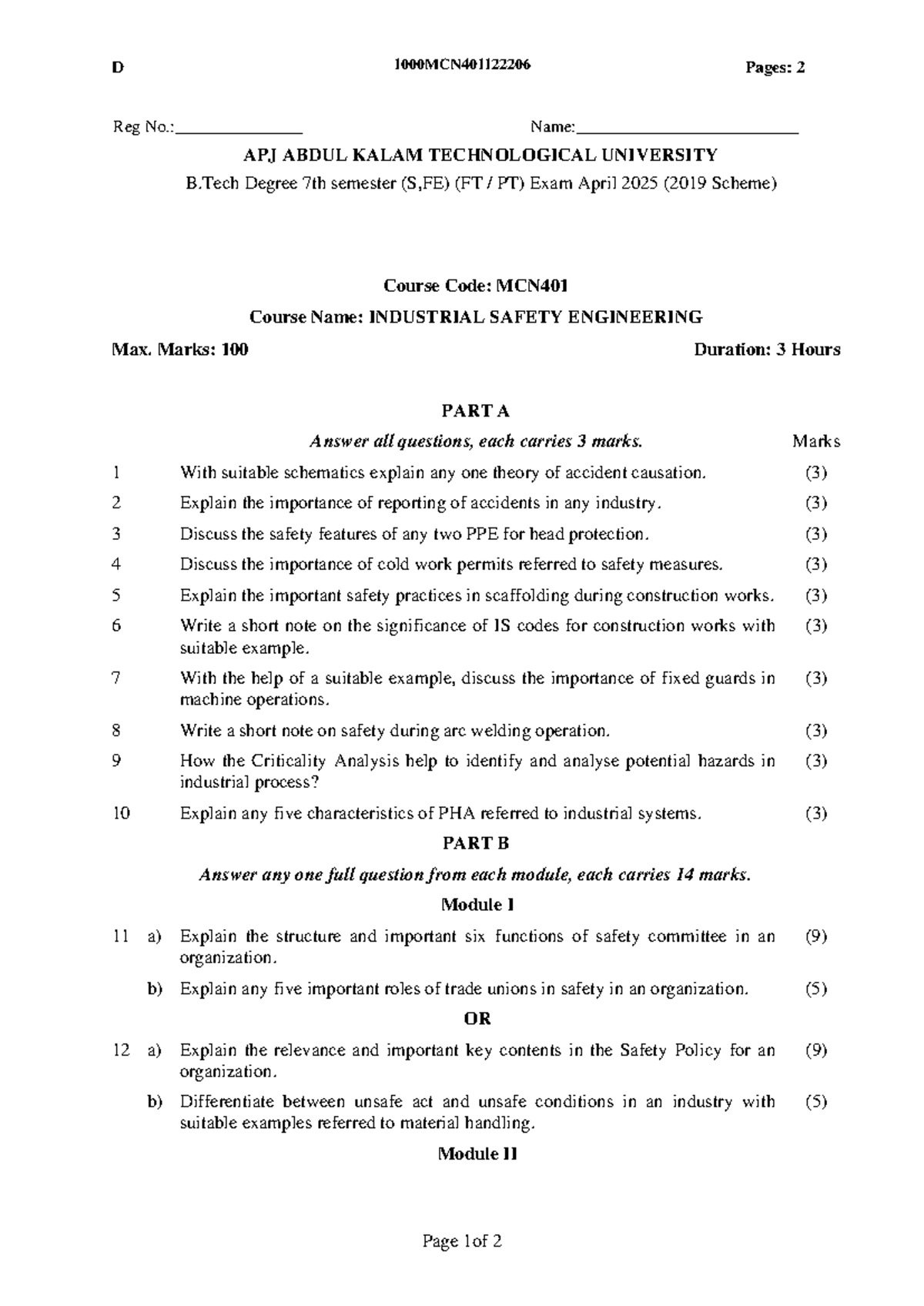 MCN401 Industrial Safety Engineering Exam April 2025 - Question Paper ...