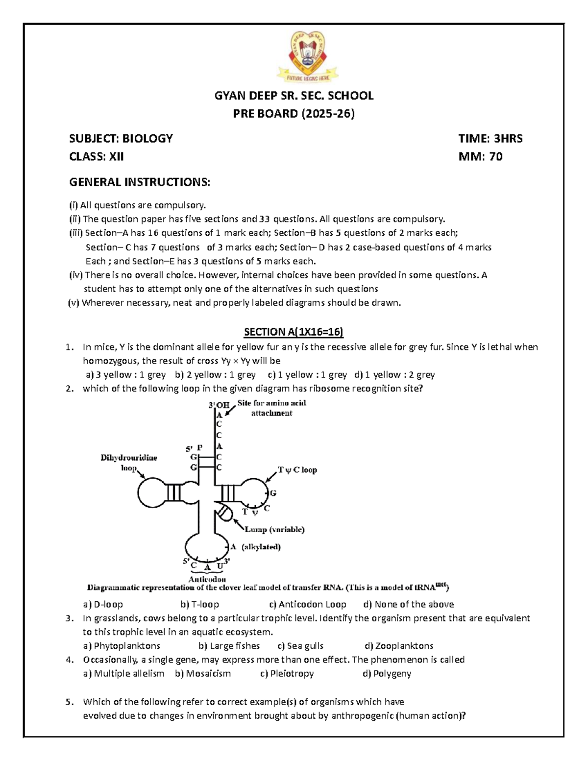 PRE Board Exam Class XII Biology Study Guide - Studocu