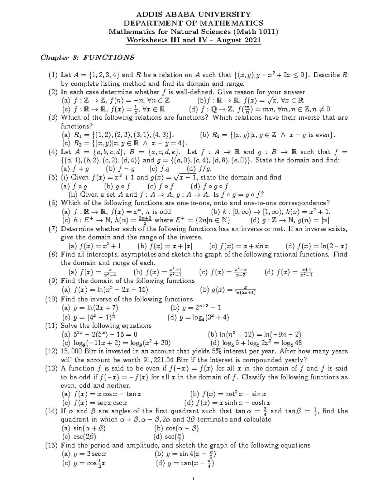 Mathematics for Natural Sciences (Math 1011) Worksheets III & IV - Studocu