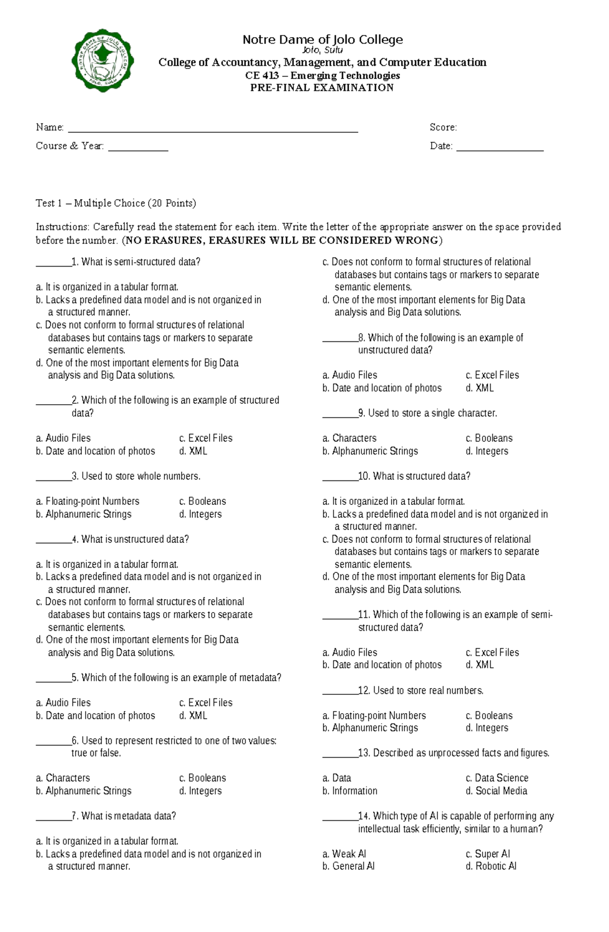 CE 413 Pre-Final Exam on Emerging Technologies - Studocu