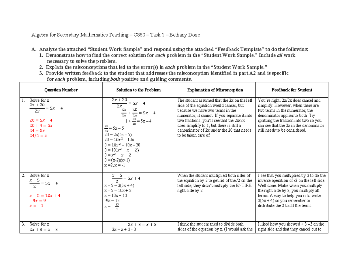 Algebra for Secondary Math Teaching – C880 – Task 1 Analysis - Studocu