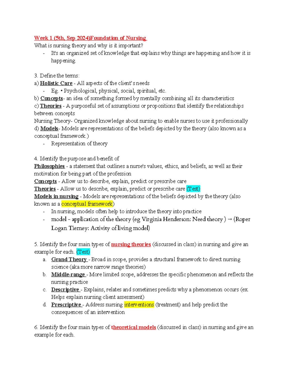 Nursing Theory Foundations: Insights from Weeks 1 to 4 - NURS 101 - Studocu
