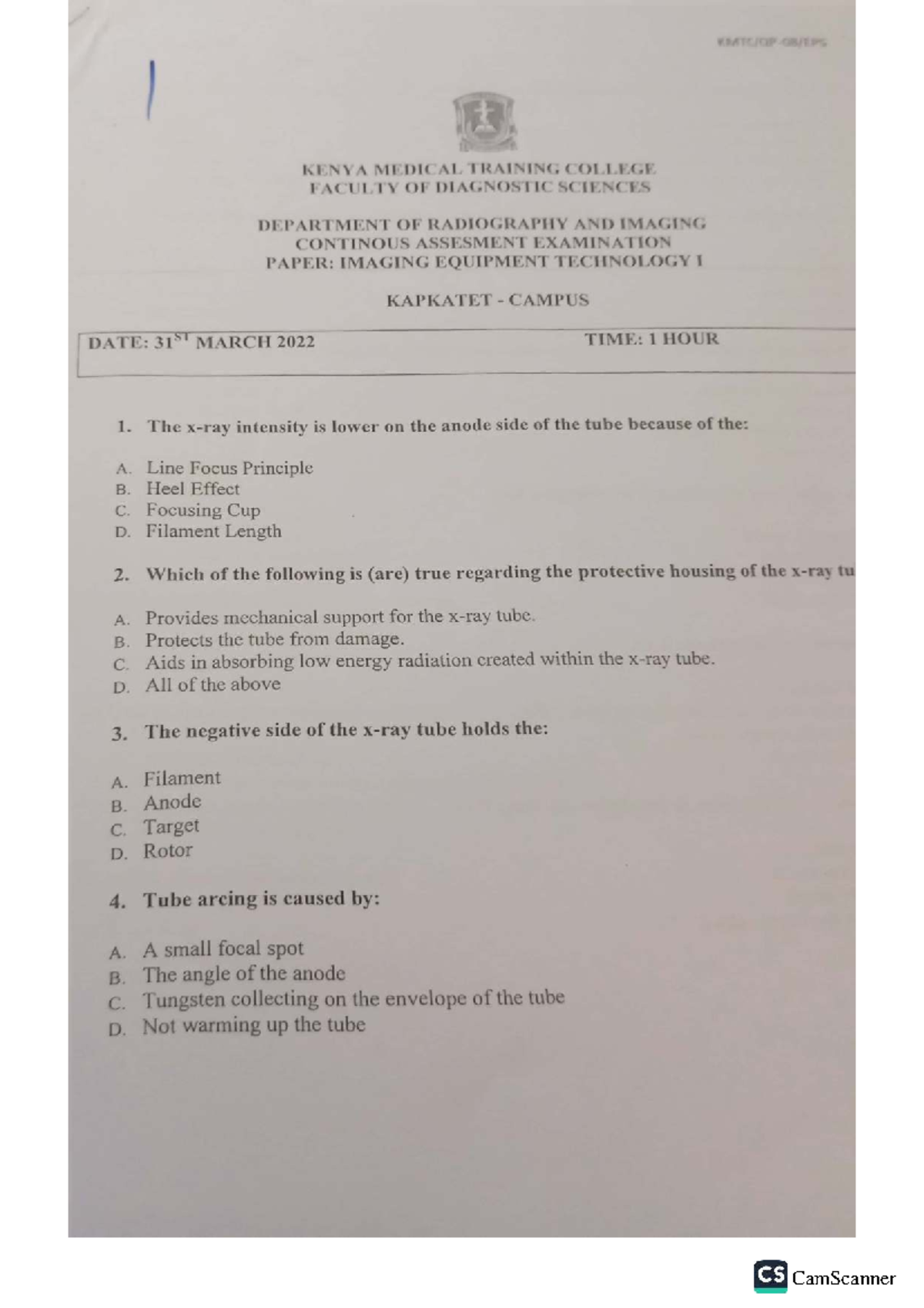 IET 2109 Imaging Equipment Technology I - Continuous Assessment Exam ...