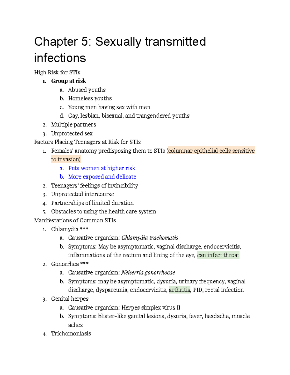 Exam 4 OB - notes - Chapter 5: Sexually transmitted infections High ...