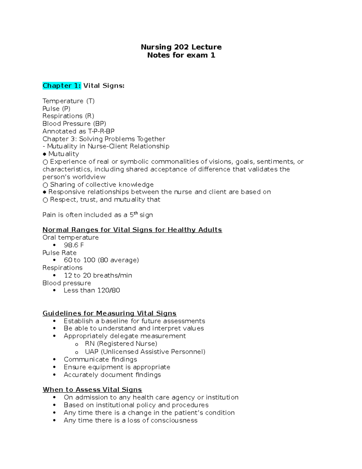 Nursing 202 Exam 1 Vital Signs & Health Assessment Notes - Studocu