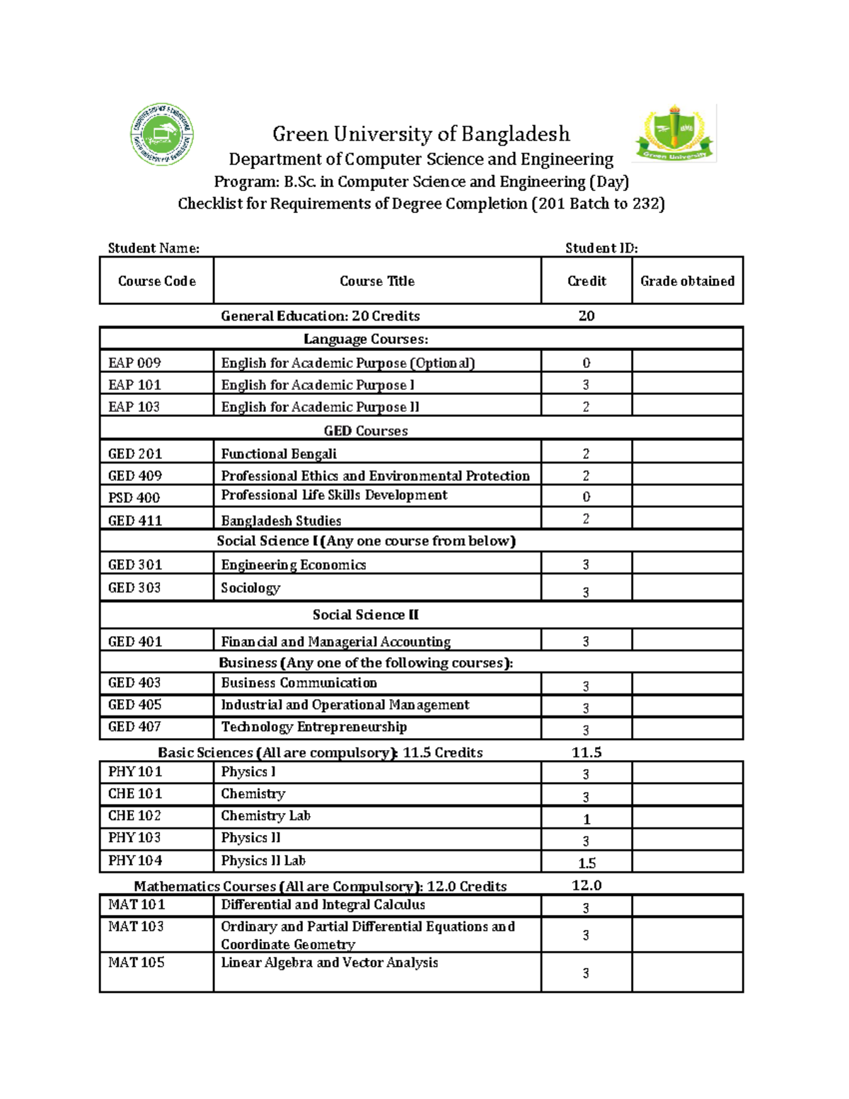 Degree Completion Checklist for BSc in CSE (201 to 232) - Green ...