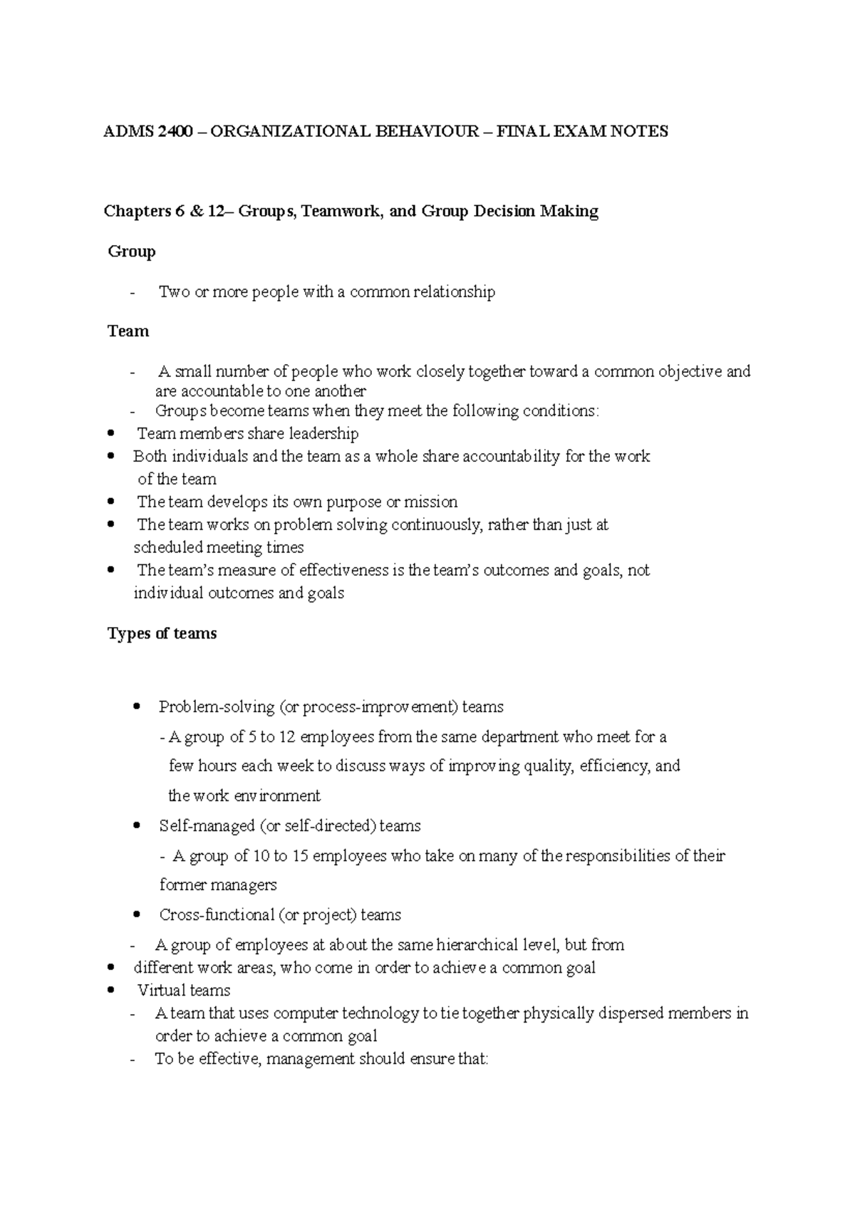 ADMS2400 Final Exam Study Notes on Organizational Behavior - Studocu