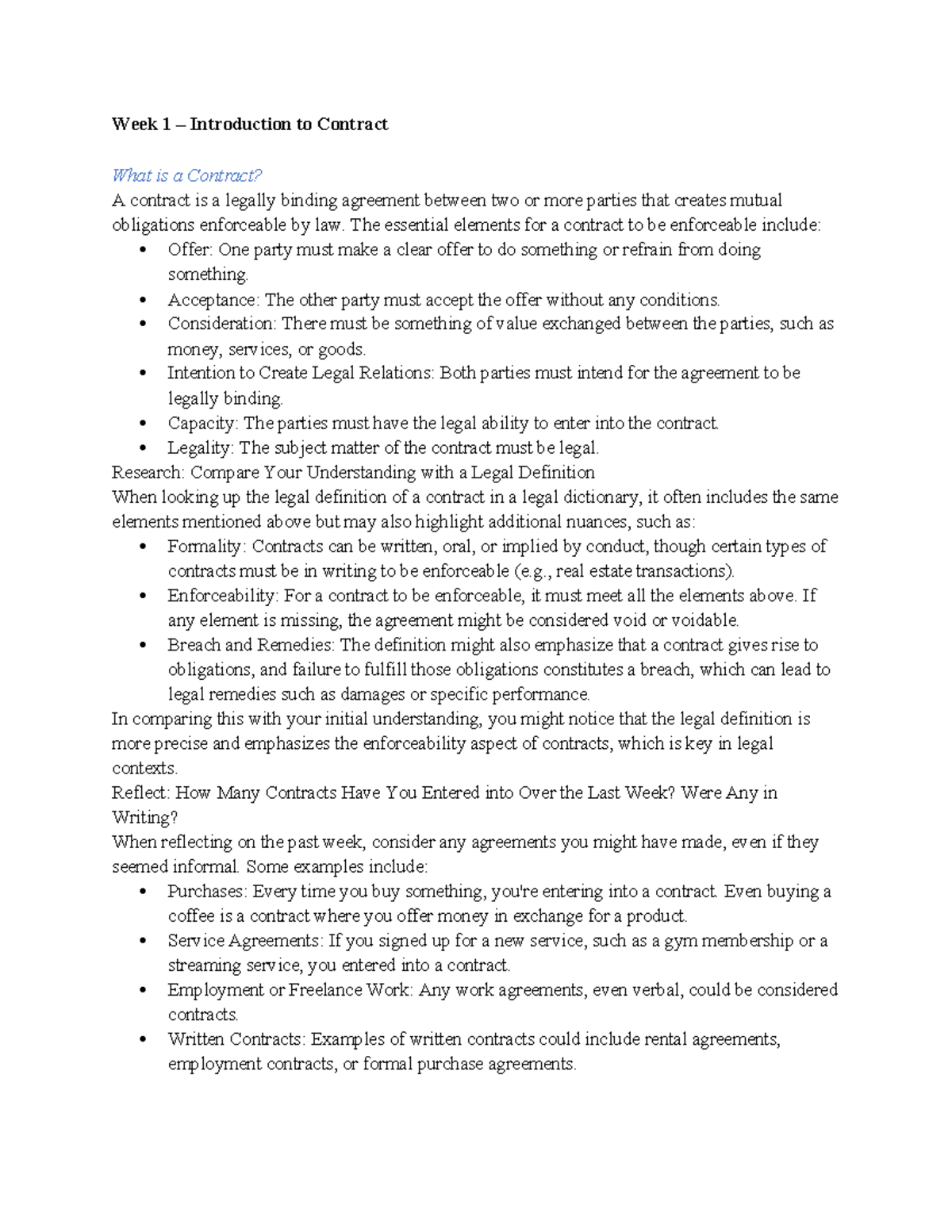 Contracts Exam Prep - Week 1 – Introduction to Contract What is a ...