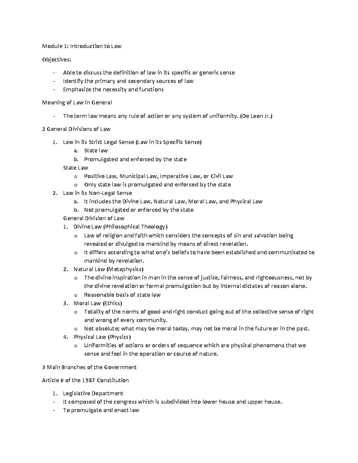Module 1 - Module 1: Introduction to Law Objectives: - Able to discuss ...