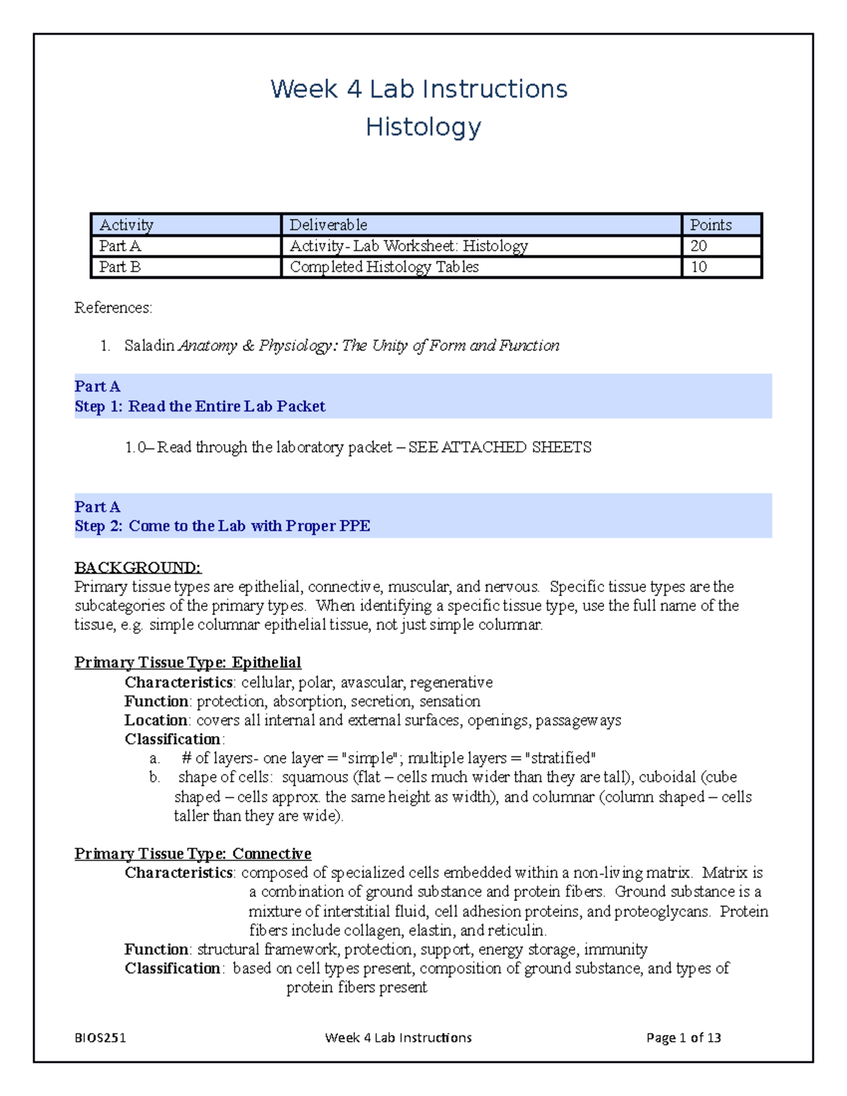 BIOS251 Week 4 Lab on Histology: Instructions and Material Guide - Studocu