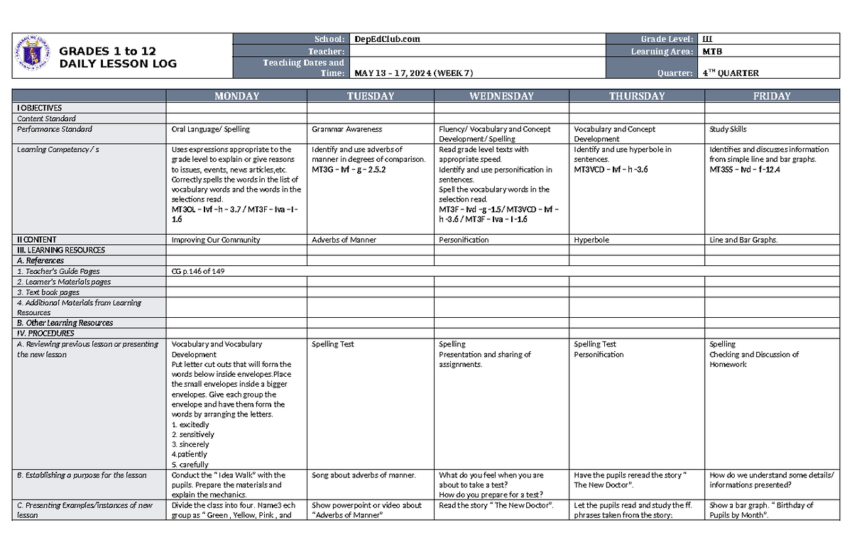 DLL MTB 3 Q4 W7 - lesson - GRADES 1 to 12 DAILY LESSON LOG School ...